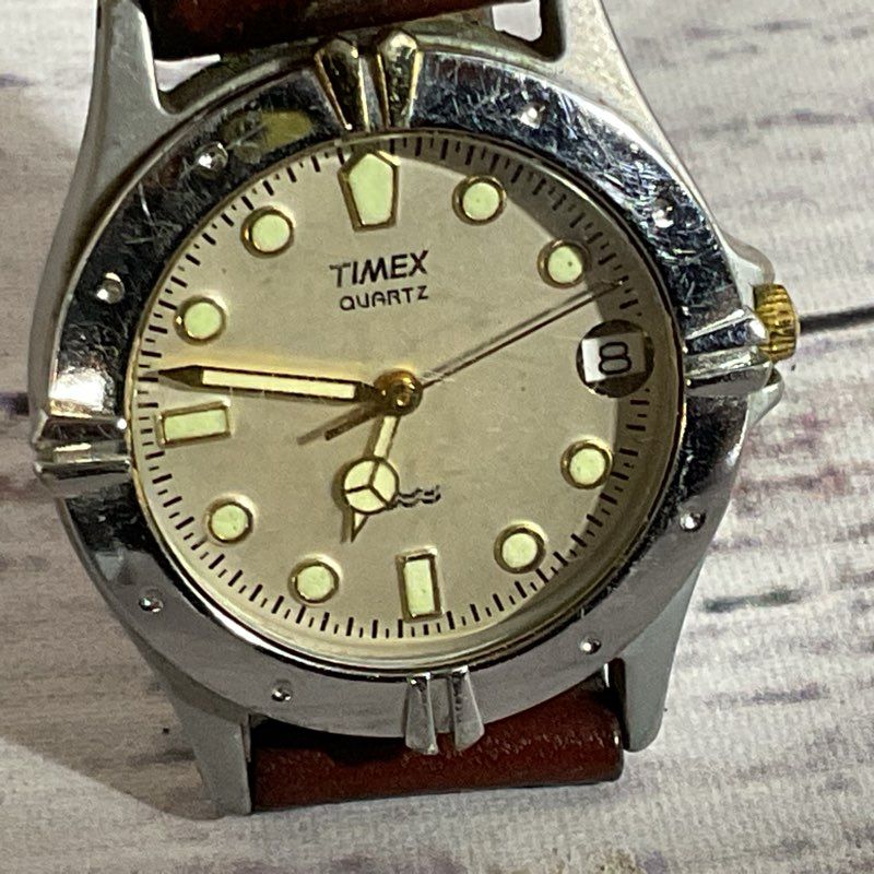 TIMEX Quartz Silver Tone with Brown Leather Band Ladies Watch