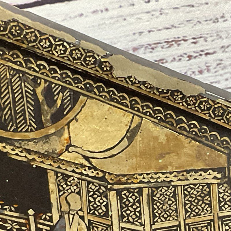 ANTIQUE Chinese Qing Dynasty Wood Metallic Inlaid Lacquer Decorative Piece-11.5"