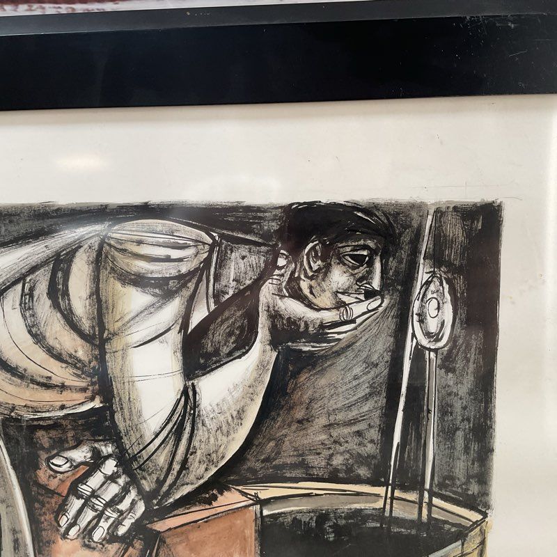 Lucio Ranucci India Ink & Watercolor Painting of a Man at a Well 32" Framed
