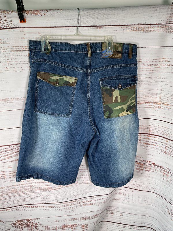 Vintage Evolution Men's Blue Denim Distress Green Camo Size 36 Cotton