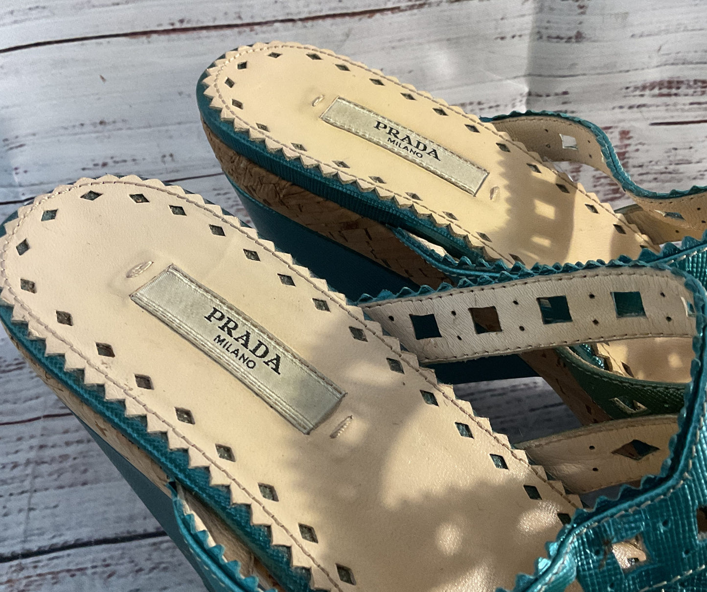 Prada Metallic Leather Strappy Heeled Sandals Blue Green