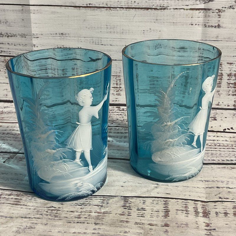 VTG. Mary Gregory Hand Painted Blue Glassware Pitcher & Cups 5 Pc. Set