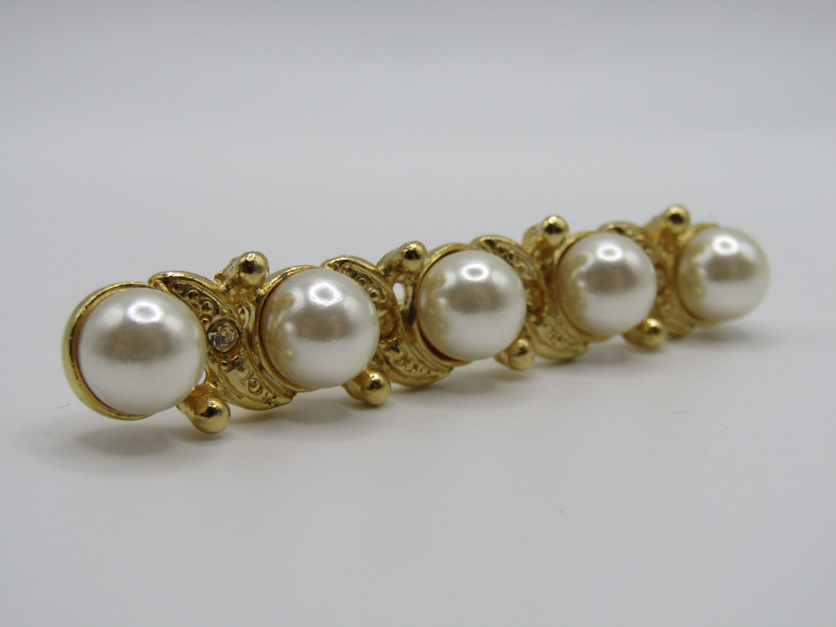 67 Jewelry Gold Plated Faux Pearl Rhinestone Accent Bar Brooch Pin