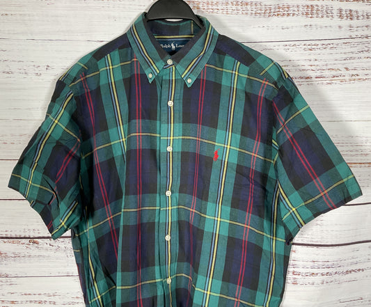 Vintage 1990's Ralph Lauren Men's Green Plaid Cotton Button Down Shirt Size M