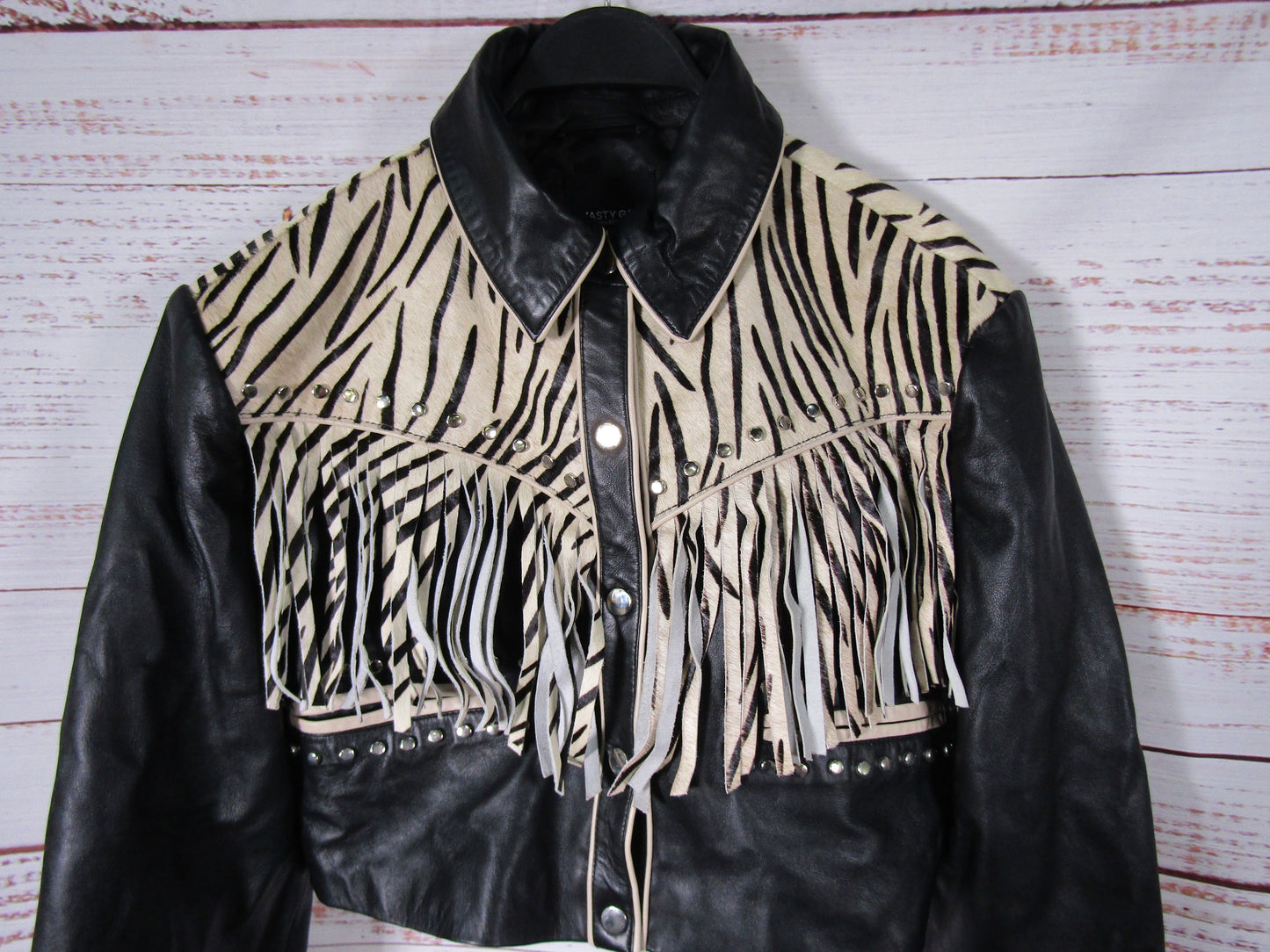 Nasty Gal Women's Black Leather Zebra Fringe Crop Jacket Size 10