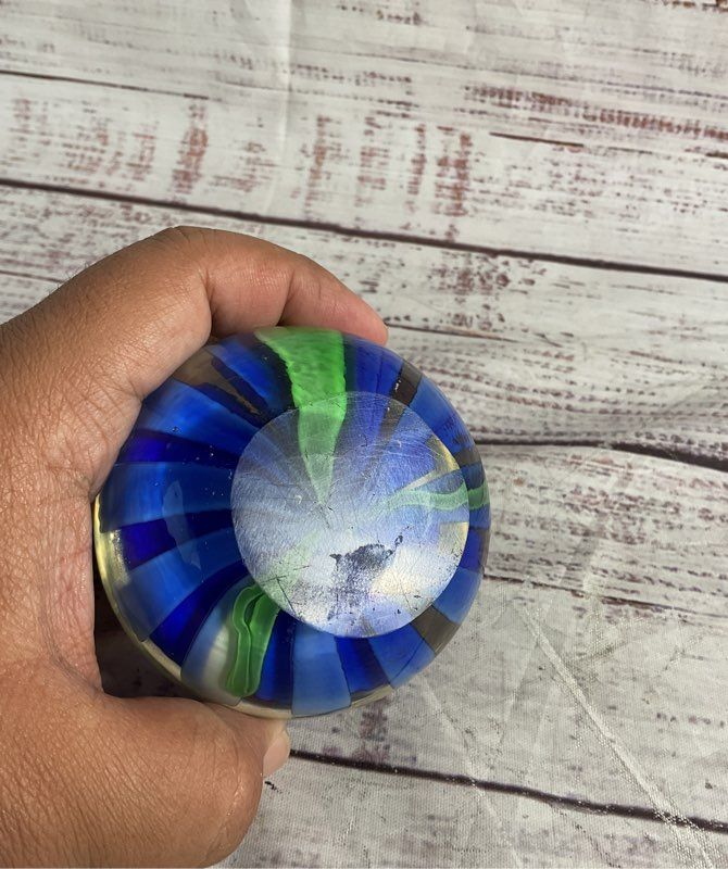 Vintage Blue Blossom Flower Paperweight Green Bottom Floral Glass