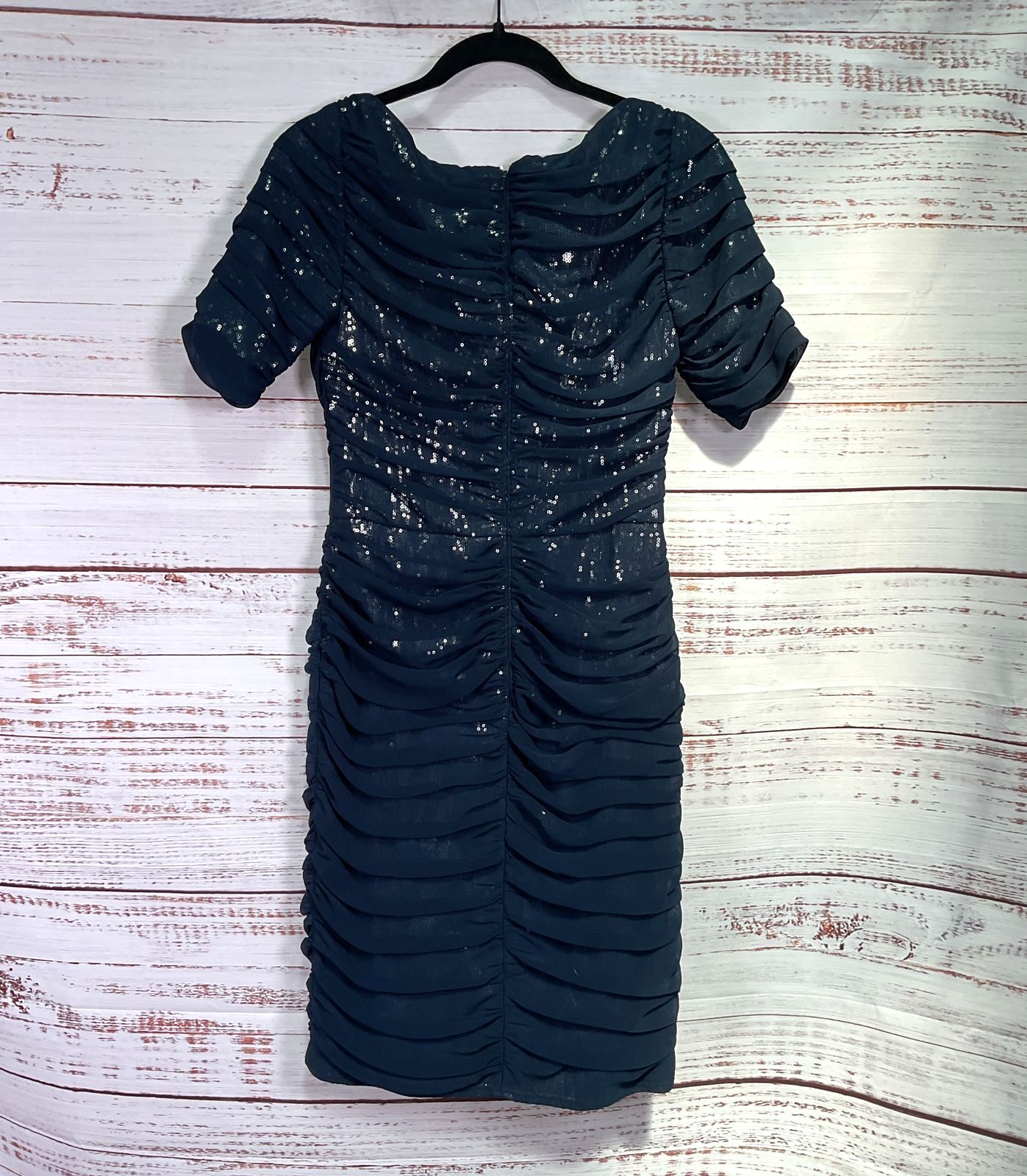 Tadashi Shoji Ruched Cowl Sequin Sheath Dress Navy 4