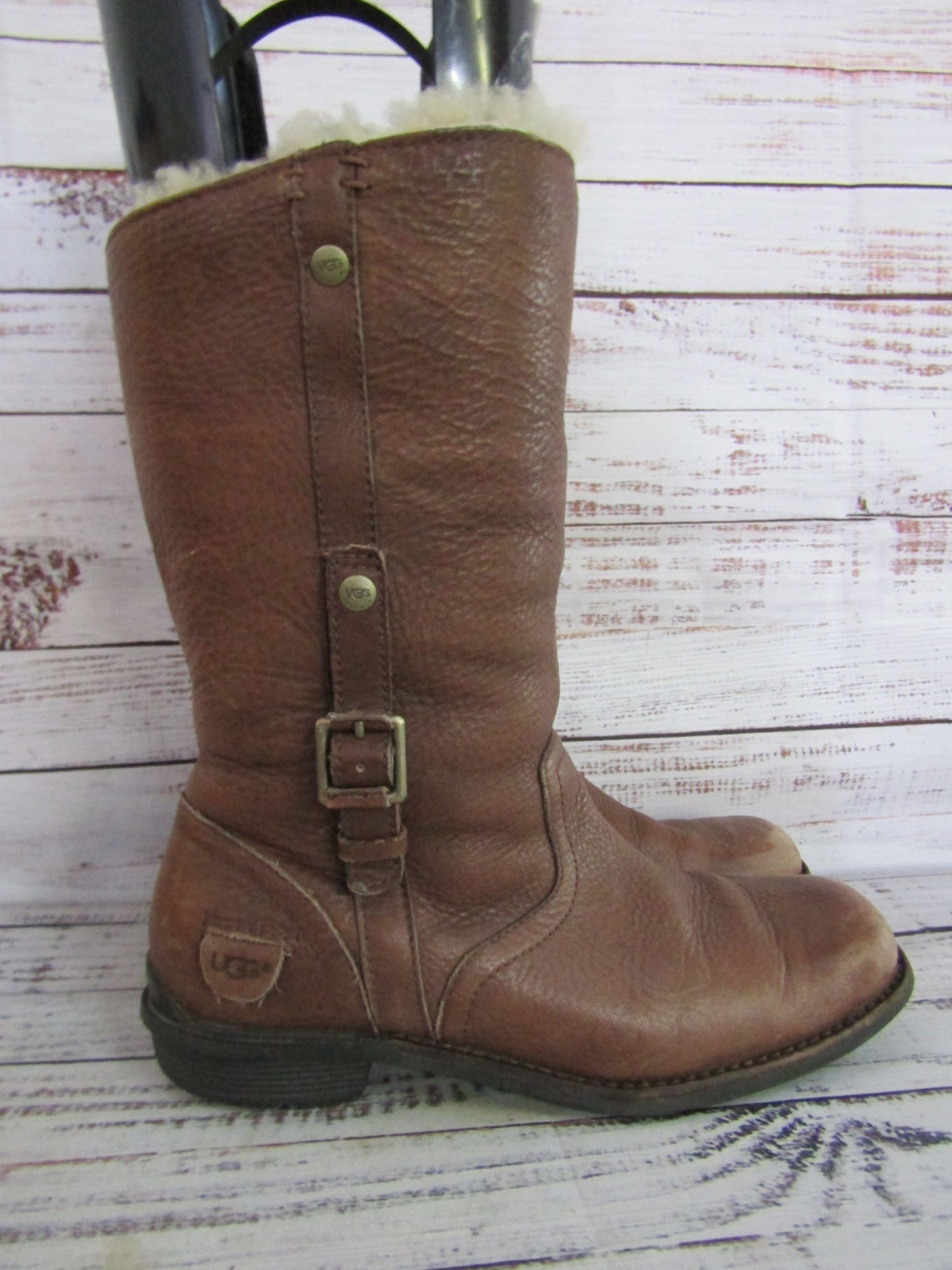 UGG Bellevue Women's Brown Leather Mid-Calf Shearling Boots Size 7