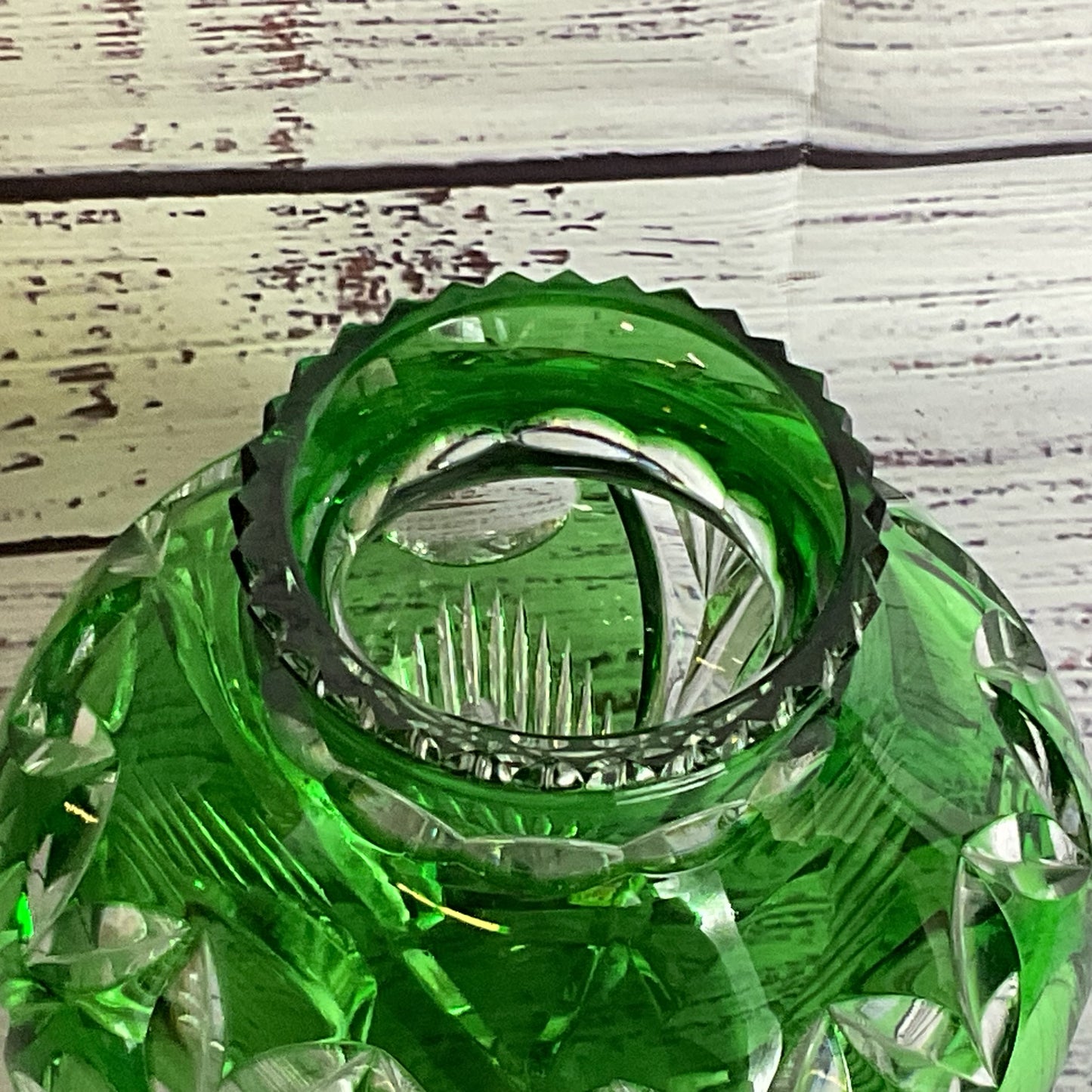 VTG. Bohemian Emerald Green Cut Crystal Round Vase- 4.5"
