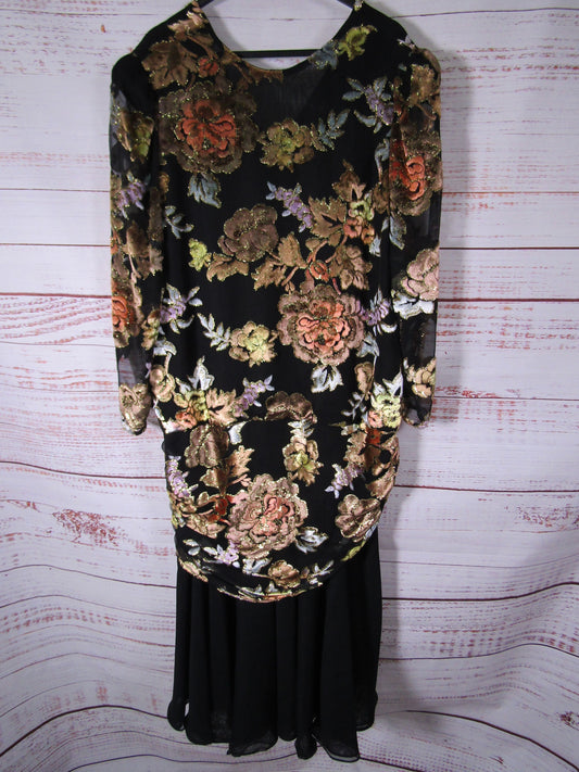 Vintage Judy Hornby Women's Black Multi-Color Floral Long Sleeve Dress Size 14