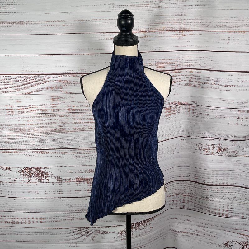 NWT Commense Pleated Navy Blue Assymetrical Halter Top - Size S