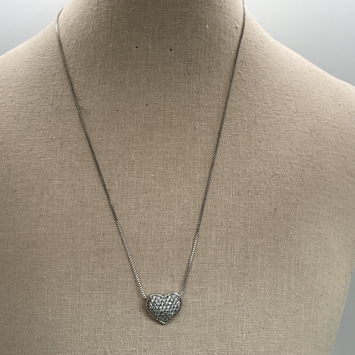 FAS Sterling & Pave Rhinestone Heart Pendant 17.5" Box Chain Necklace- 4.34g