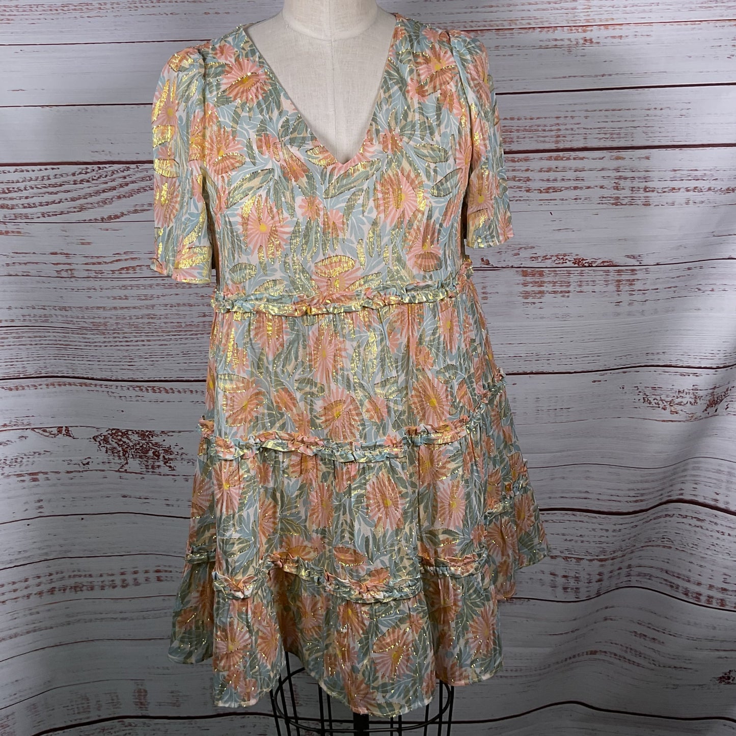 SEZANE Women's Floral Metallic Ruffle Short Dress- SZ 34