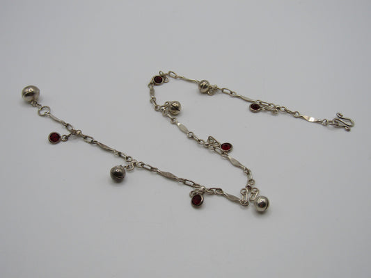 9.5" Sterling Silver Beaded Garnet Accent Anklet
