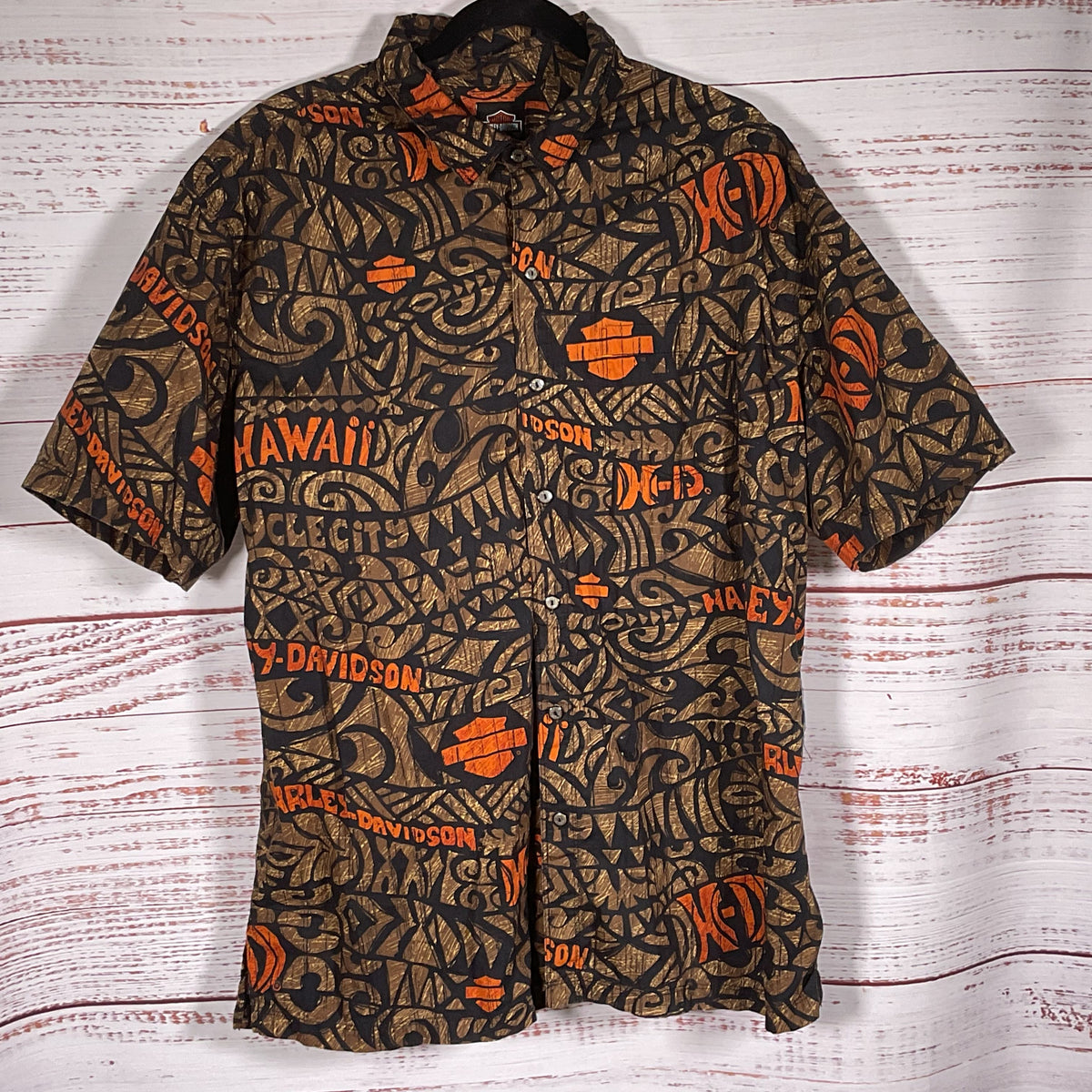 HARLEY DAVIDSON Men's Brown Print Button Up Short Sleeve Shirt- SZ 2XL