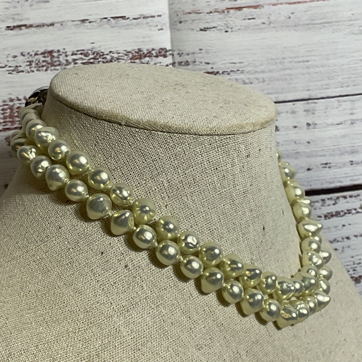 VTG. LES BERNARD Silver Tone Faux Pearls and Rhinestone 2-Strand Necklace- 15"