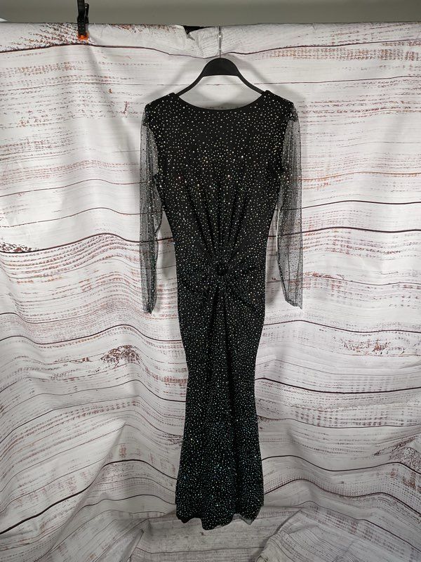 NEW Aqua X Wicked Embellished Twist Maxi Dress Size XS In Black Rhinestones
