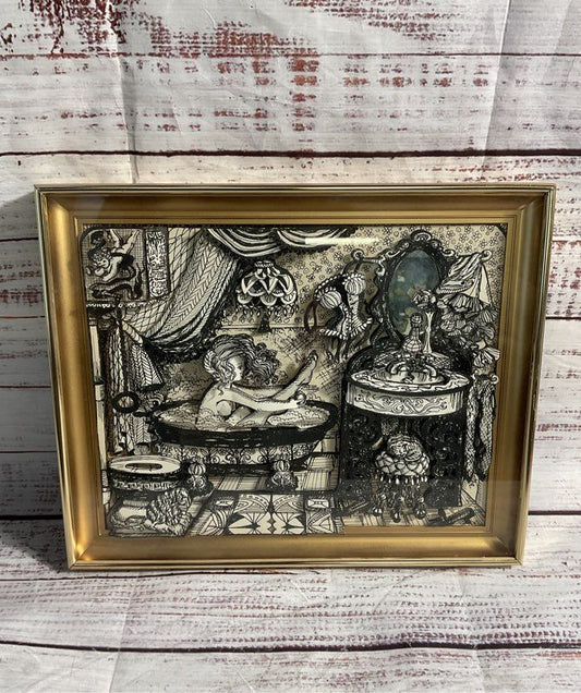 Vintage Black & White 3D Art Print of Women Bathing in Tub Gold Frame 11"X 9"