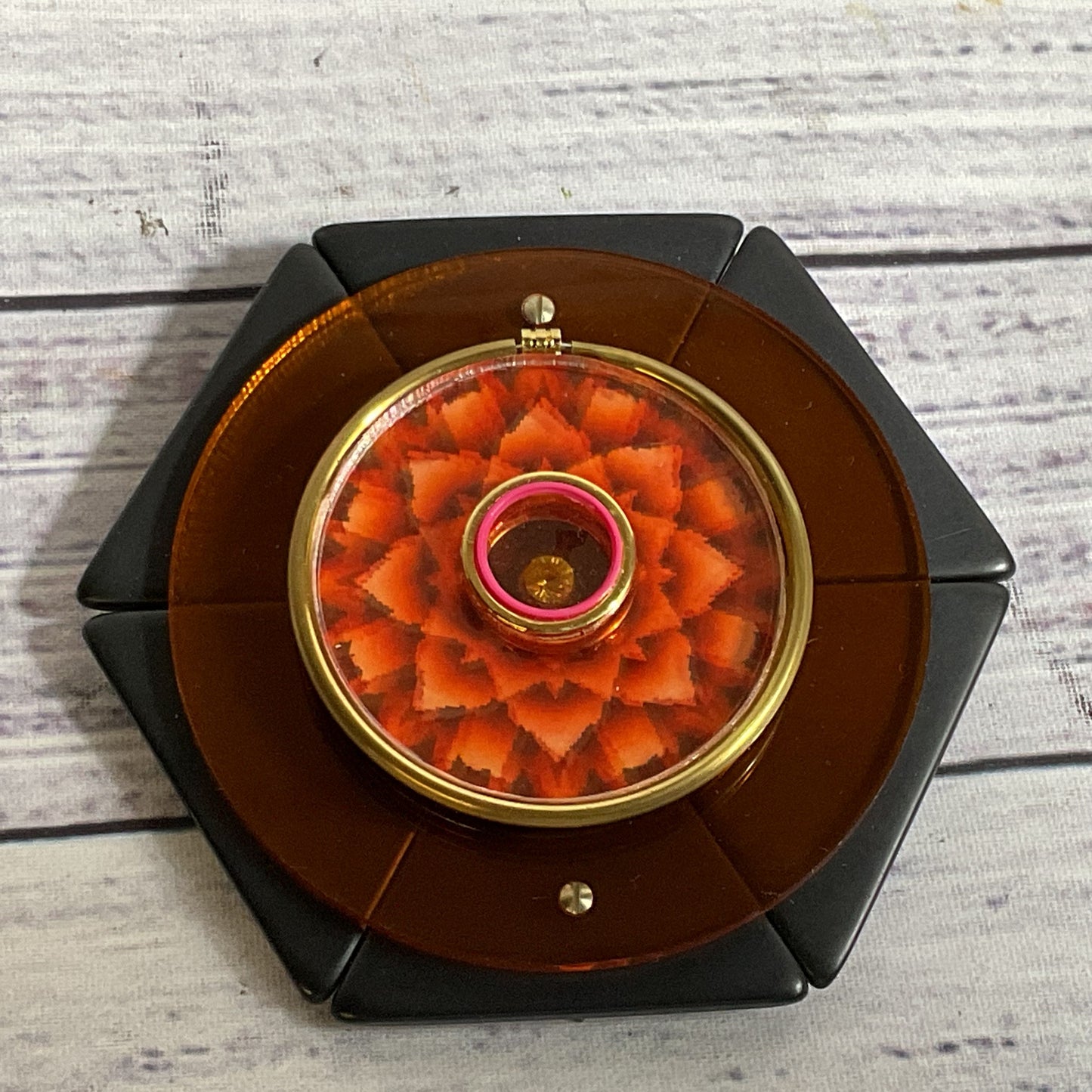 Signed Louis V. Artisan Resin & Rhinestone Hexagon Brooch- 2.75"