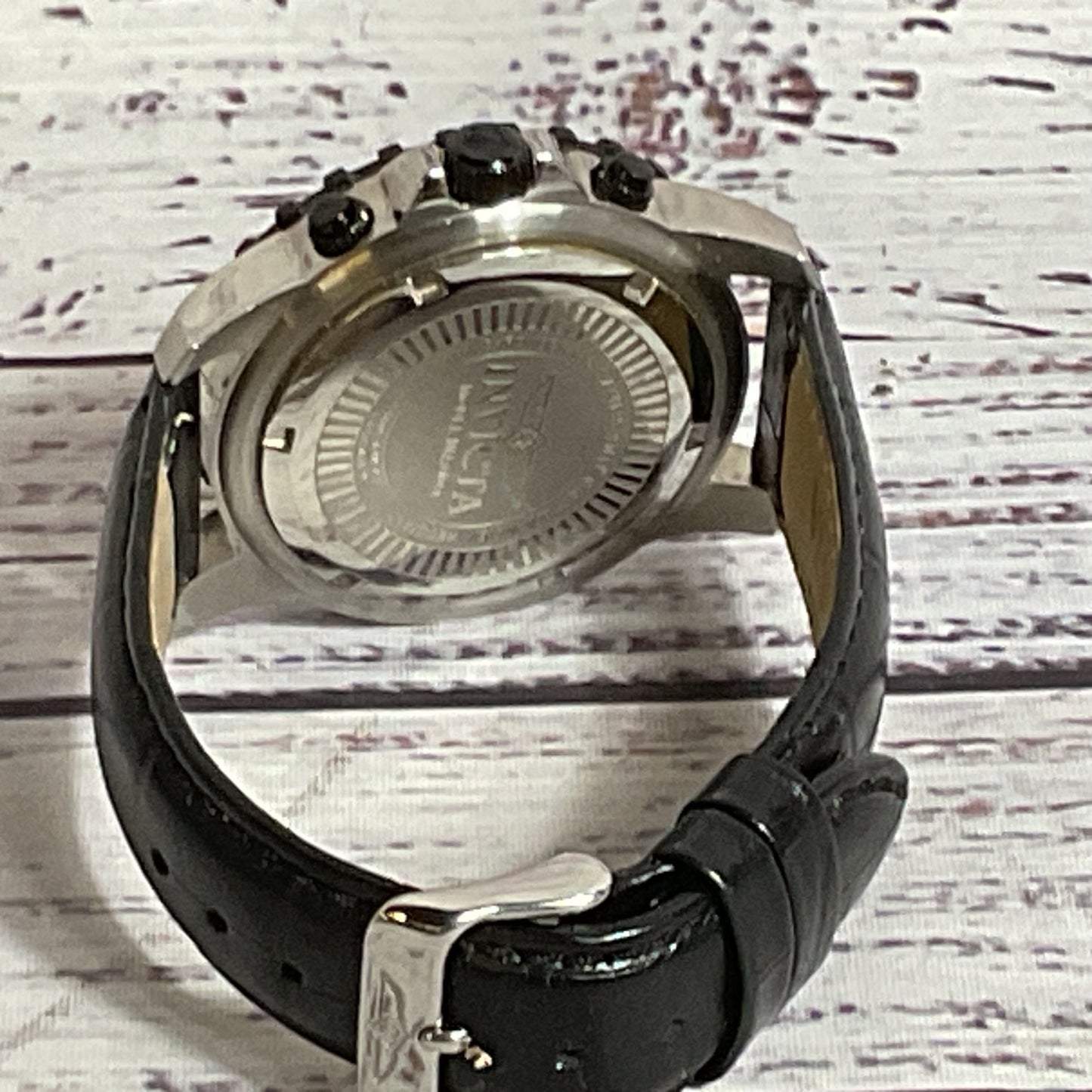 INVICTA 6001 Men's Silver Tone Black Leather Band Watch-NEEDS BATTERY