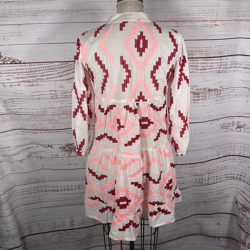 Greek Archaic Kori White/Red/Pink Cotton Embroidered Tunic Mini Dress Size Small