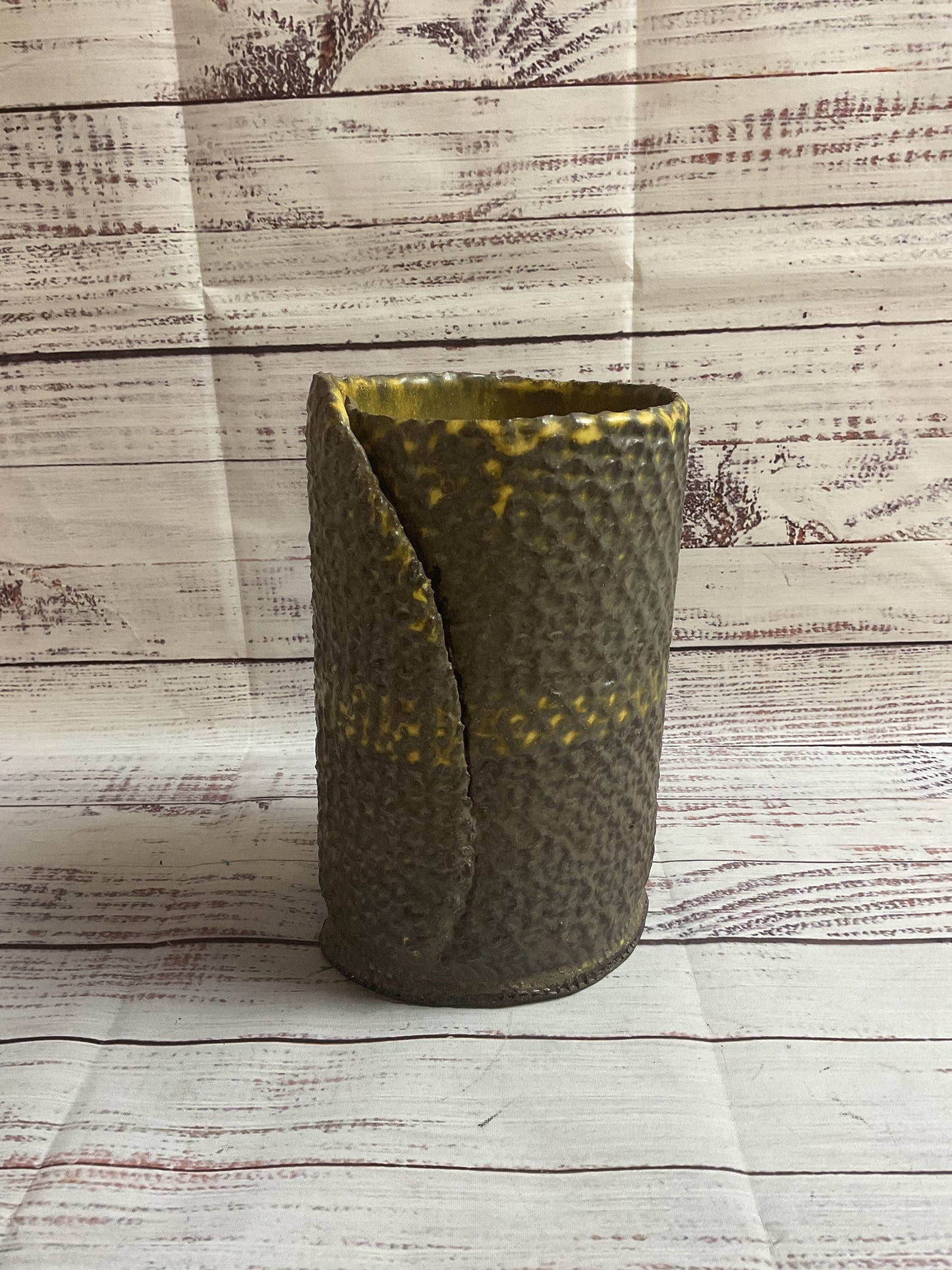 Rolled Embossed Ceramic Brown Yellow Vase Signed