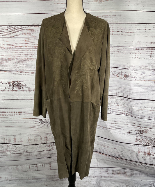 Johnny Was Warehouse Leather Embroidered Antonia Duster Olive Green M