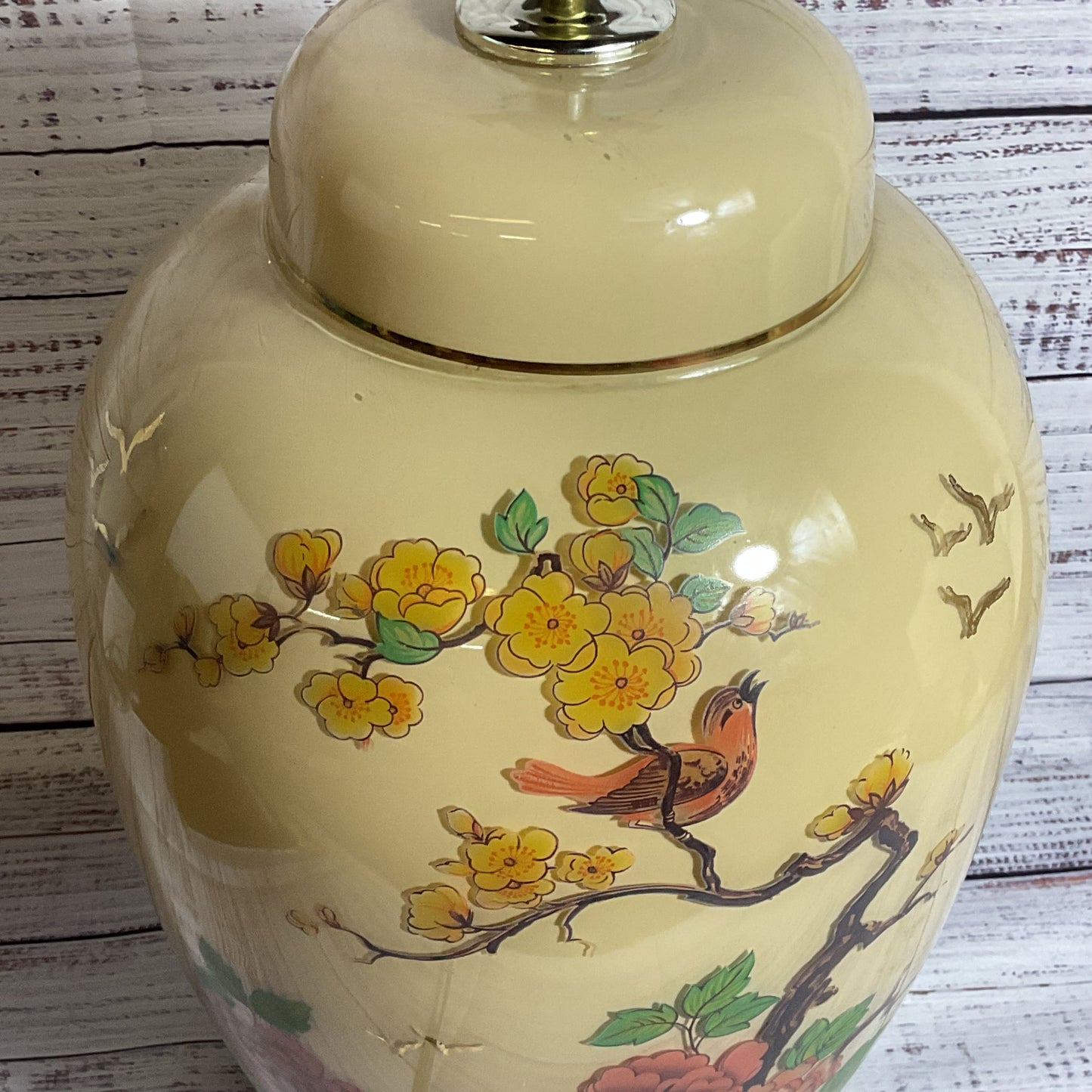 VTG. Asian Oriental Ginger Jar Floral & Birds Table Lamp - 20"