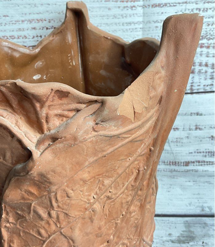Handmade Cabbage Leaf Pottery 10" Vase Terracotta