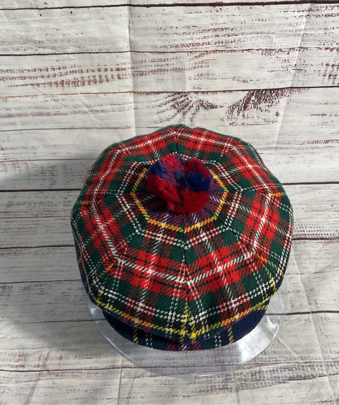 Scottish Clanwear Plaid Wool Beret Hat Pom Pom Made Scotland - Size 6 7/8