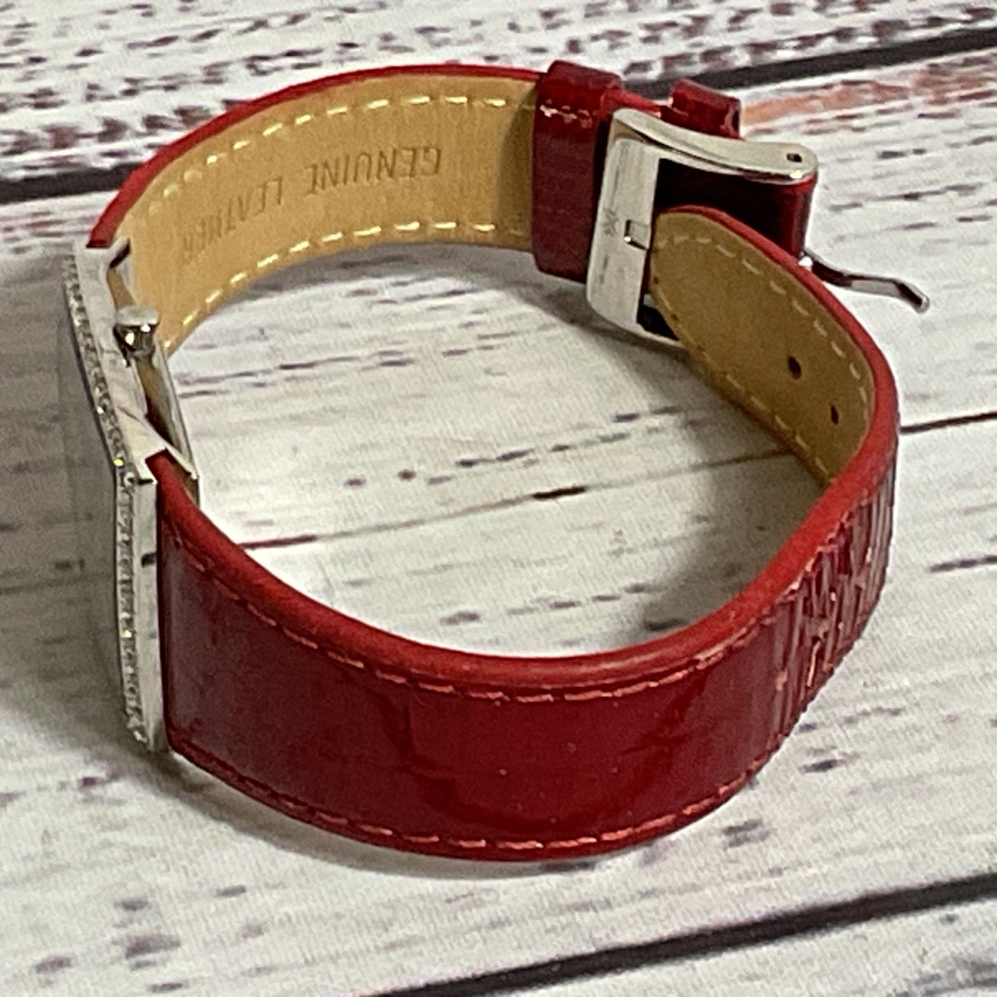 SKAGEN Denmark 384SSLR8A Women's Silver Tone MOP Dial Red Band Watch