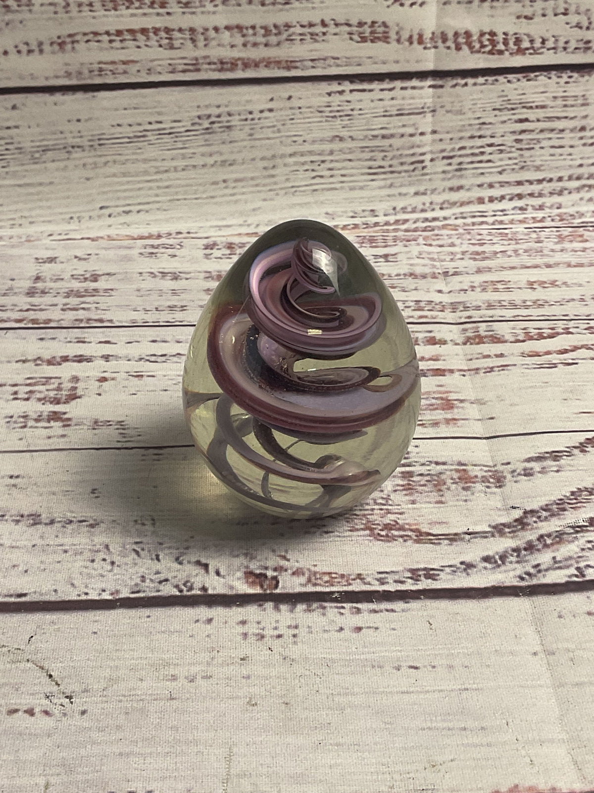 OBG 1990 Signed Glass Egg Purple Spiral Paperweight