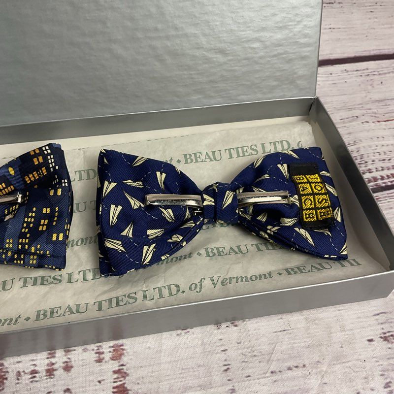 Josh Bach X Beau Ties of Vermont Blue Paper Plane & Skyline Clip On Bowties Set