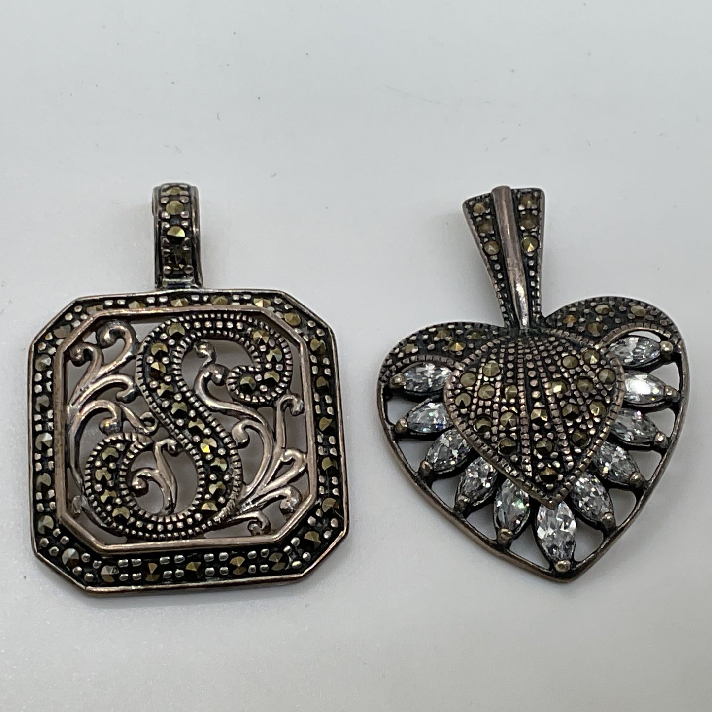 Set of 2 VTG. Sterling Silver Marcasite Rhinestone Art Deco Pendants- 14.20g