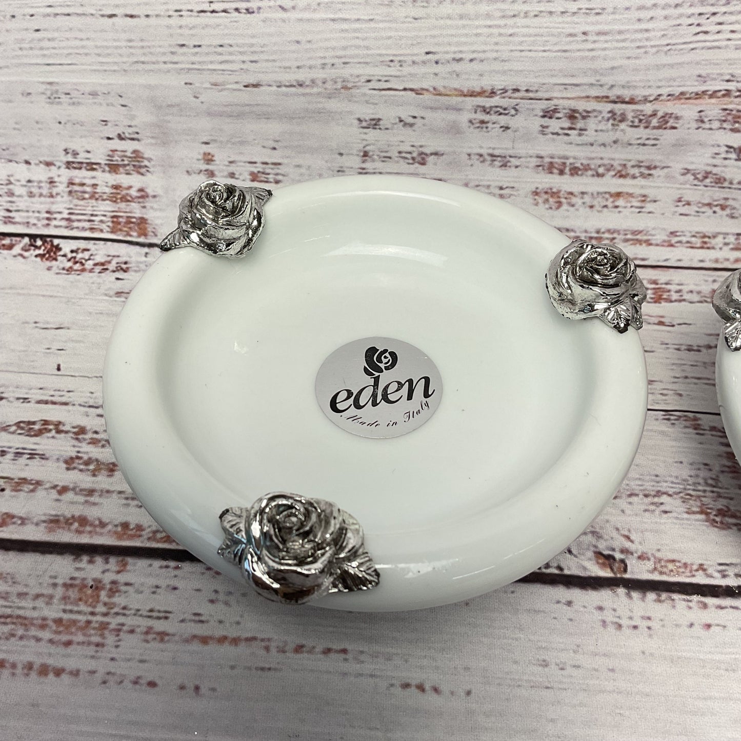 White Ceramic Silver Tone Roses Eden Candle Holders Pair of 2 Made in Italy