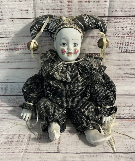 Vintage Porcelain Clown Doll Harlequin Floral Cheeks Black Silver Attire 17"