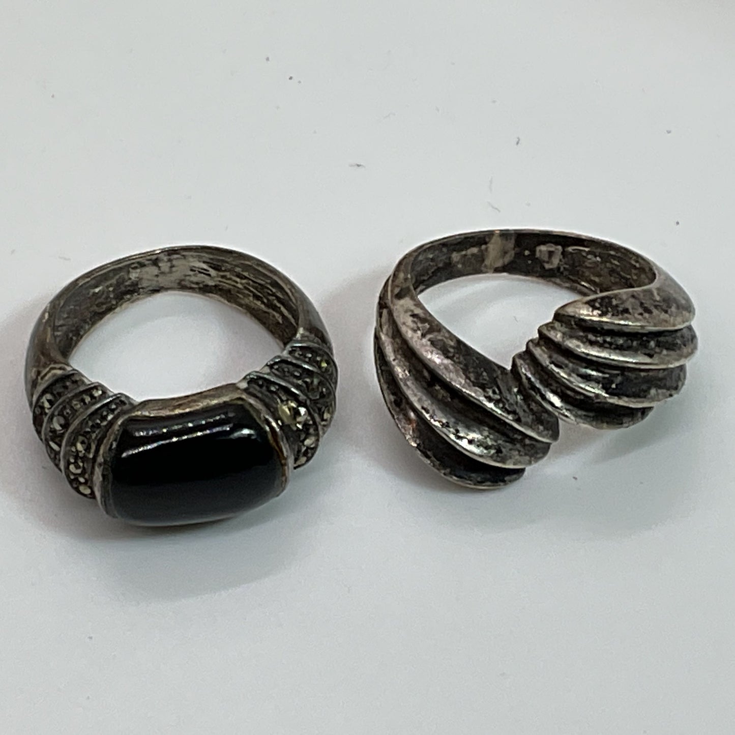Set of 2 Sterling Silver Onyx & Marcasite SZ 6&7 Rings- 11.35g