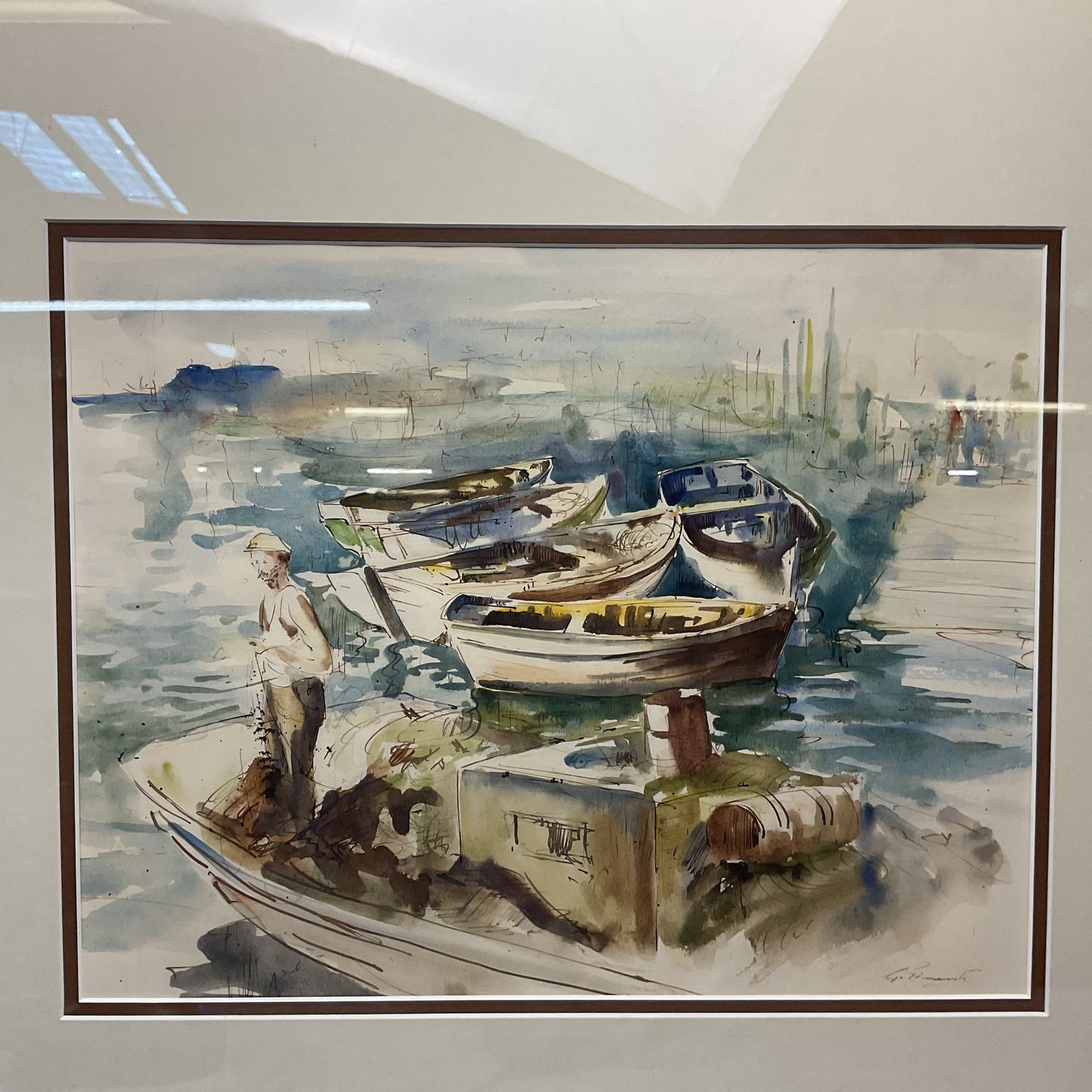 Fisherman Standing On Boat Watercolor Painting by G. Pimenta? Signed.