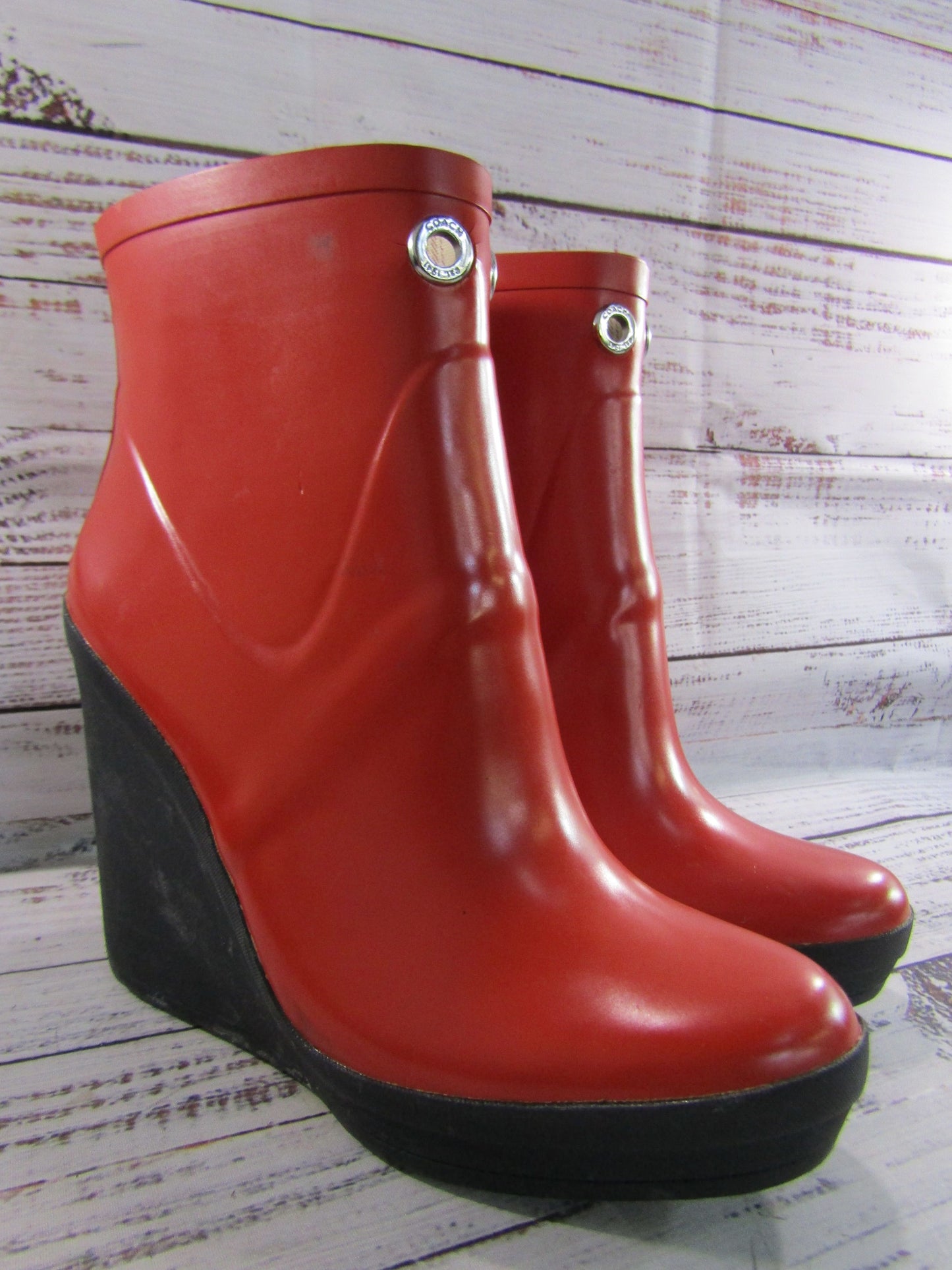 Coach Bina Women's Red Rubber Wedge Platform Rain Boots Size 9