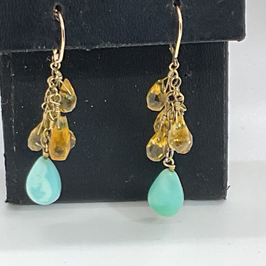 14K/20 Gold Plated Citrine & Amazonite Dangle Earrings
