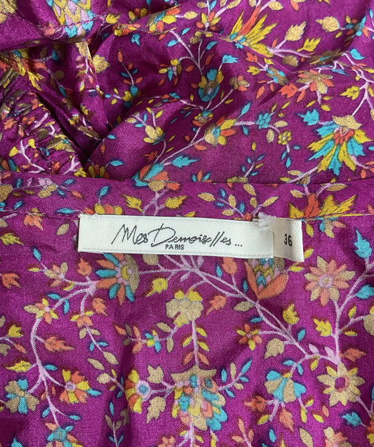 Mes Demoiselles Purple Flower Print 100% Silk Cinch Sleeve Midi Dress - Size 36