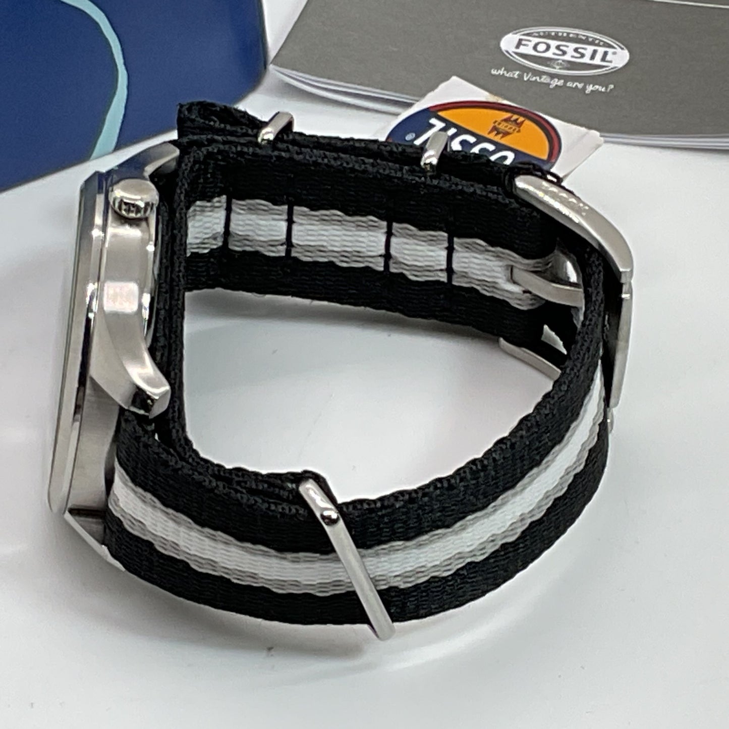 NWT FOSSIL FS4529 Men's Sport Black/White Nylon Strap Taupe Dial Watch