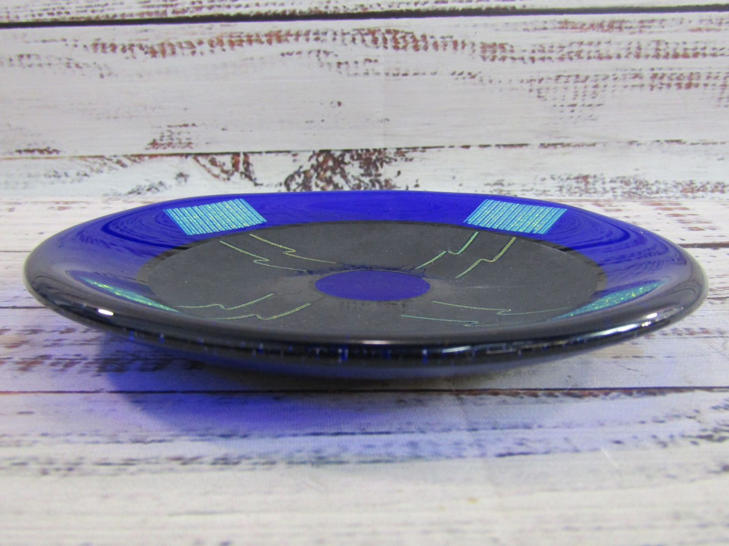 Artist Signed Cobalt Blue Dichroic Glass Retro Geometric Trinket Plate