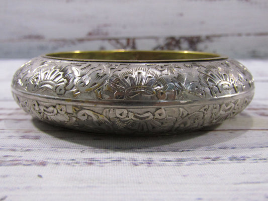 Vintage Handcrafted Floral Etched Silver Plated Brass Bangle Bracelet