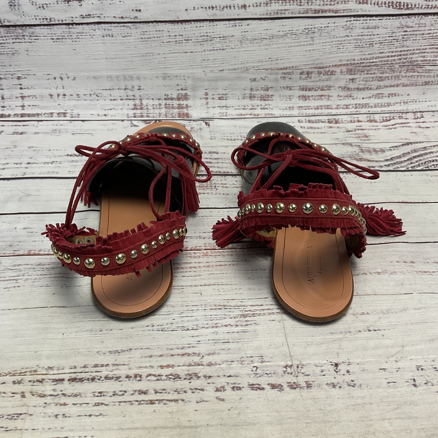 Aquazurra Careye Fringe Suede Red Cord Ankle Tie Sandal Women Size 9