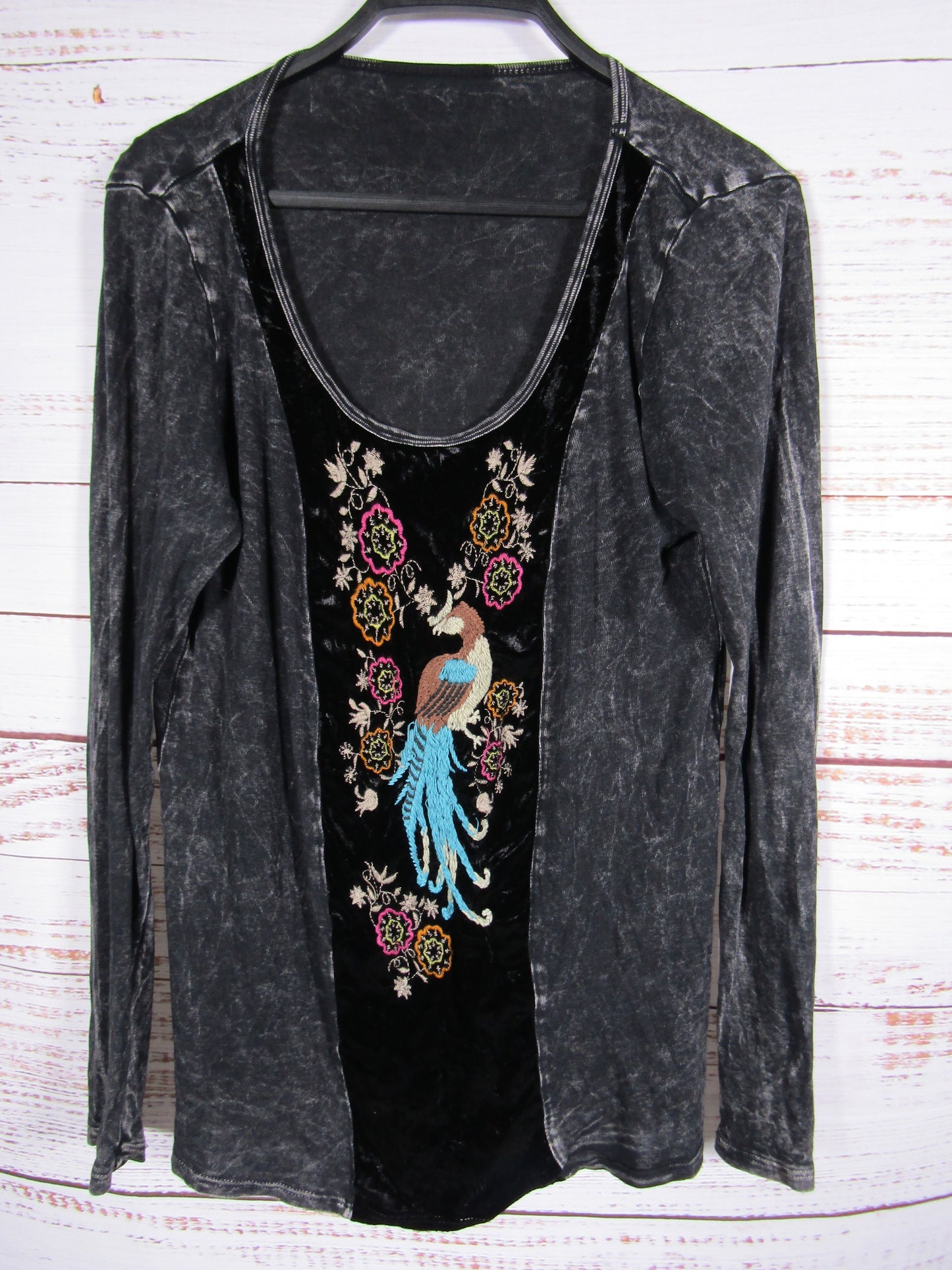 T Party Women's Black Acid Wash Floral Peacock Embroidered Blouse Size M