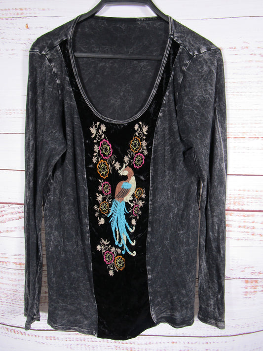 T Party Women's Black Acid Wash Floral Peacock Embroidered Blouse Size M