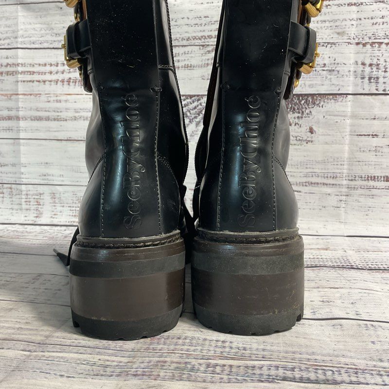 See By Chloe Mallory Buckled Black Leather Combat Boot Women's Size 5