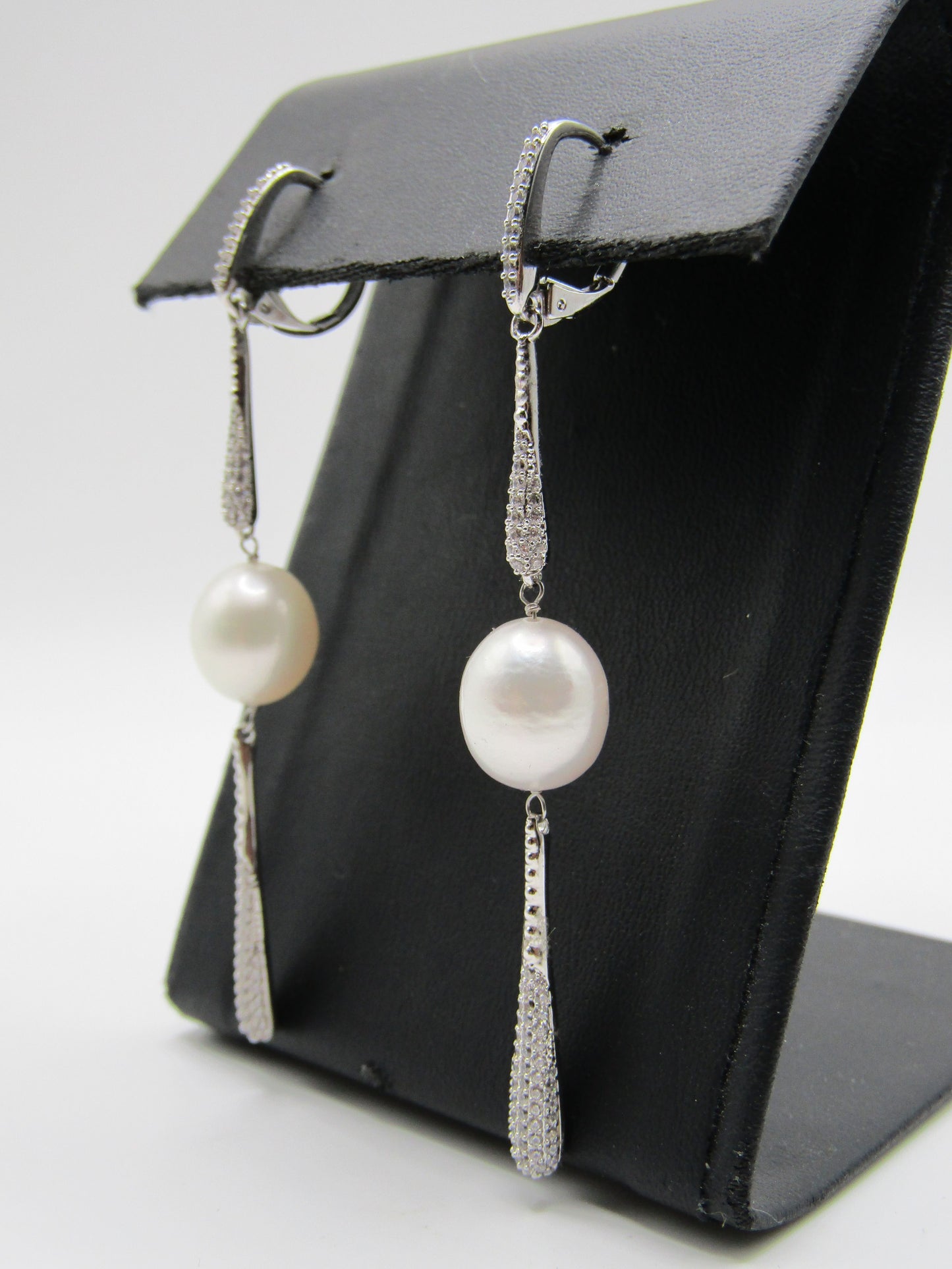 Rhodium Plated CZ Pave Freshwater Pearl Drop Dangle Earrings