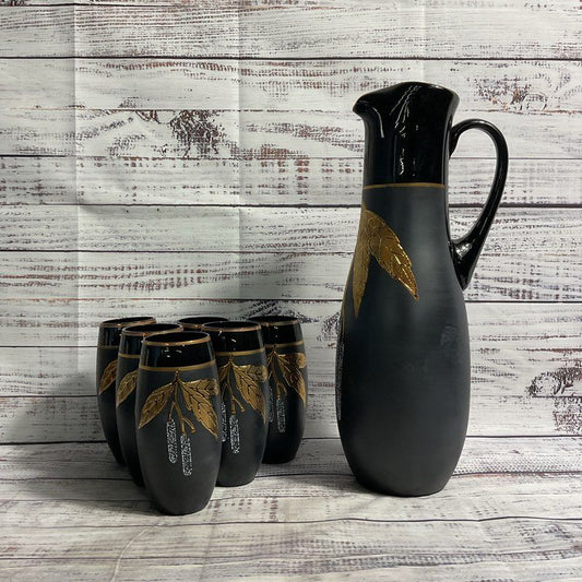 Bohemia Glass 7 Pc. Czech Black & Gold Leaf Pattern 5.5" Cup & 13" Pitcher Set